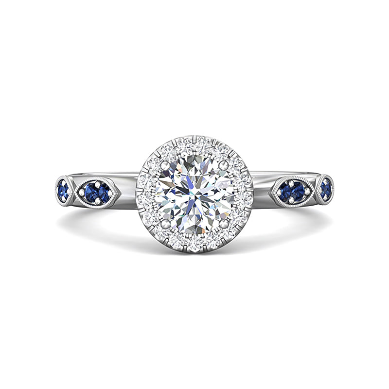 Halo Round Moissanite And Blue Sapphire Accents Engagement Ring - ReadYourHeart